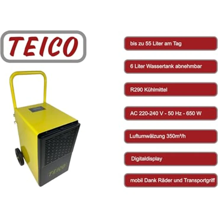 Teico Bautrockner FDH-255BS, Gewerbe Luftentfeuchter mit 55 l/Tag Entfeuchtungsleistung, 6 l Wassertank, Digitaldisplay – Bild 4