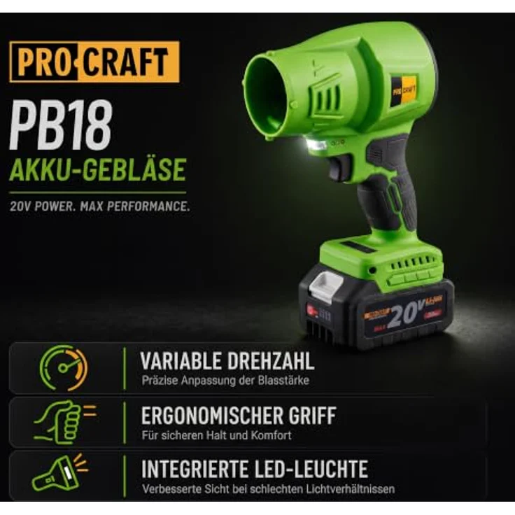 PRO CRAFT Procraft PB18 Akku-Laubbläser, 20 V, 3,0 Ah Akku, max. Luftgeschwindigkeit 164 km/h, 372 m³/h Luftdurchsatz – Bild 2