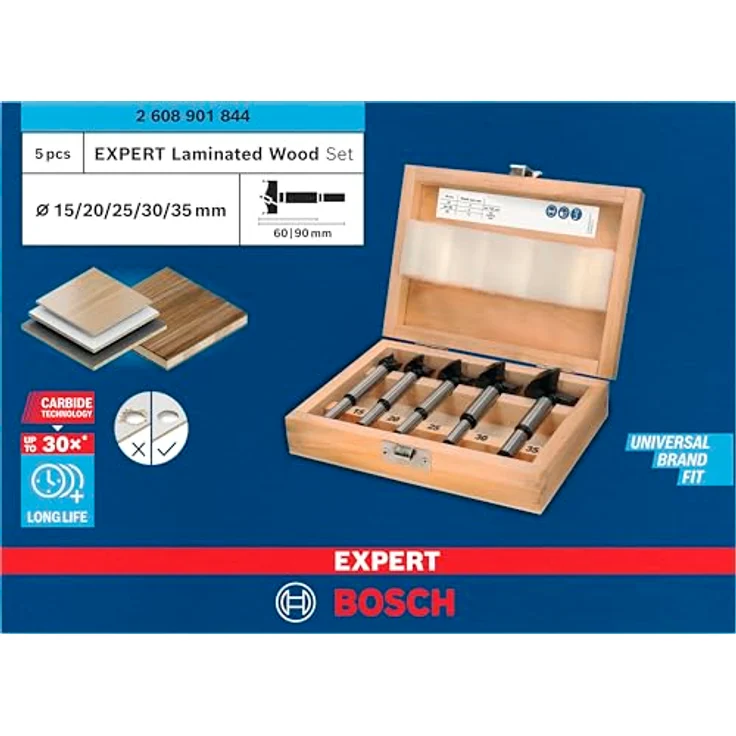 Bosch EXPERT Scharnierlochbohrersatz 5-teilig, Ø 15-35 mm, für Schichtholz und Massivholz, überragende Lebensdauer mit Carbide Technology – Bild 2