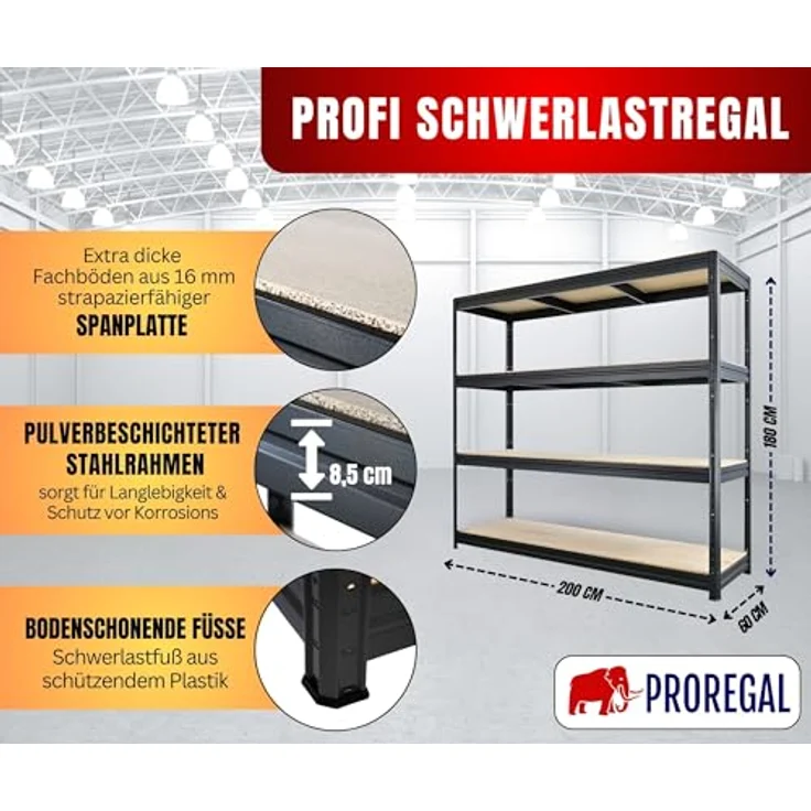 Proregal Schwerlastregal DINO, H 180 cm, B 200 cm, T 60 cm, Traglast 500 kg pro Boden, 4 verstellbare Böden, Schwarz – Bild 2