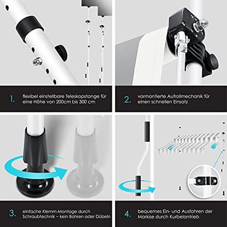 KESSER® Klemmmarkise mit Handkurbel Balkon, Balkonmarkise ohne Bohren, UV-beständig höhenverstellbar wasserabweisend, Sonnenschutz, Terrassenüberdachung, einfache Montage 200cm – Bild 3