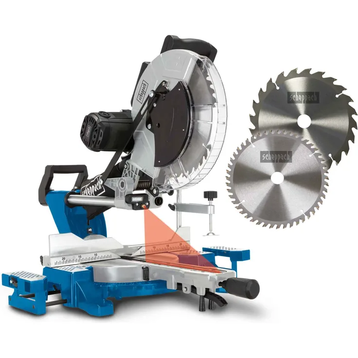 Scheppach HM140L Kapp-Zug-Gehrungssäge mit Laser 2000 W 305 mm 3800 min-1 beidseitig neigbarer Sägekopf mit zweitem Sägeblatt