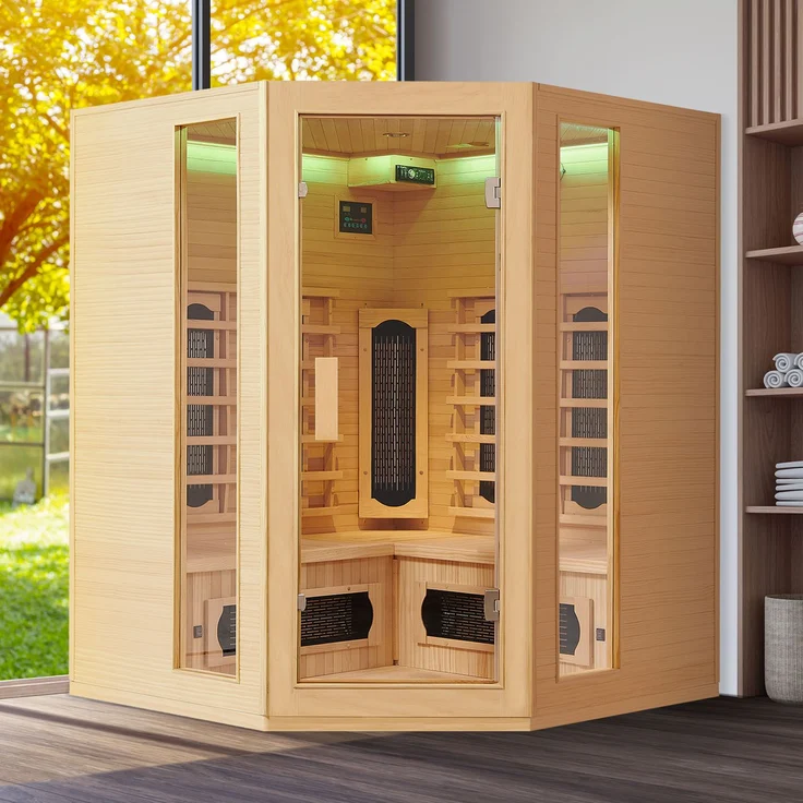 Artsauna Infrarotkabine Nyborg E150K – Infrarotsauna 4 Personen – LED-Farblicht, digitaler Steuerung, 7 Keramikstrahler, 1 Flächenstrahler – Hemlockholz, 150 x 150 x 190 cm – Bild 10