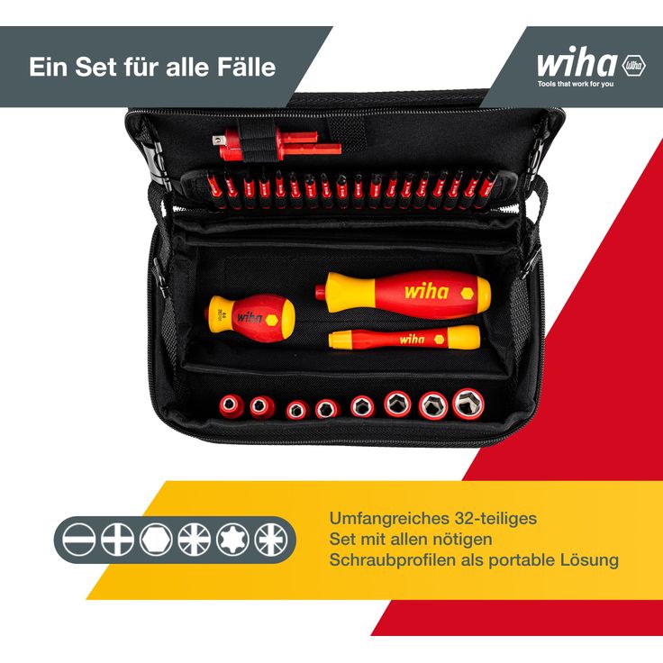 Wiha Elektriker Werkzeug Set slimVario® electric (43465) 32-tlg. I Bits + Steckschlüsselsätze + Schraubendrehergriffe I gemischt in Werkzeugtasche – Bild 3