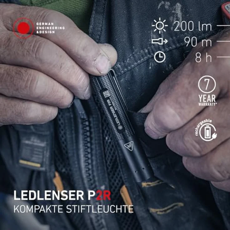 Ledlenser P2R, wiederaufladbare LED Taschenlampe mit 200 Lumen, 90m Zoom, USB-C und IP54 für Camping, Wandern, 8 Stunden Laufzeit, 36g – Bild 2
