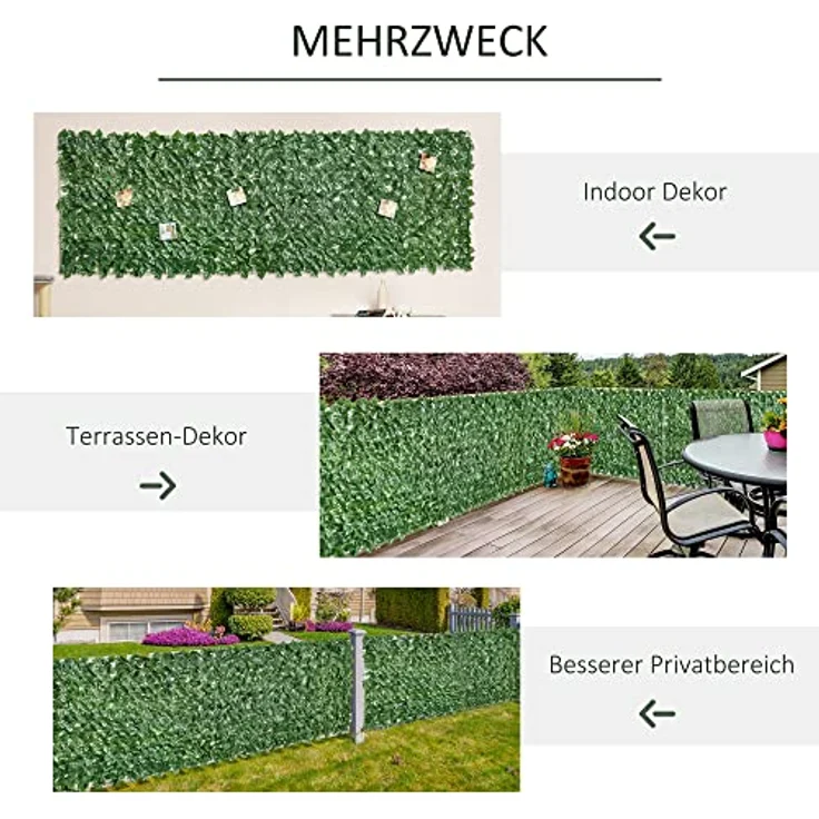 Outsunny Künstlicher Hecken Sichtschutz, UV geschützter Zaun Sichtschutzgitter mit dunkelgrünen Blättern, 300 x 100 cm für Garten und Balkon – Bild 4