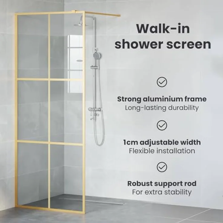 vidaXL Walk-in Duschwand Gold, 100 x 195 cm, gehärtetes Glas mit verstellbarem Rahmen und stabiler Stütze – Bild 4