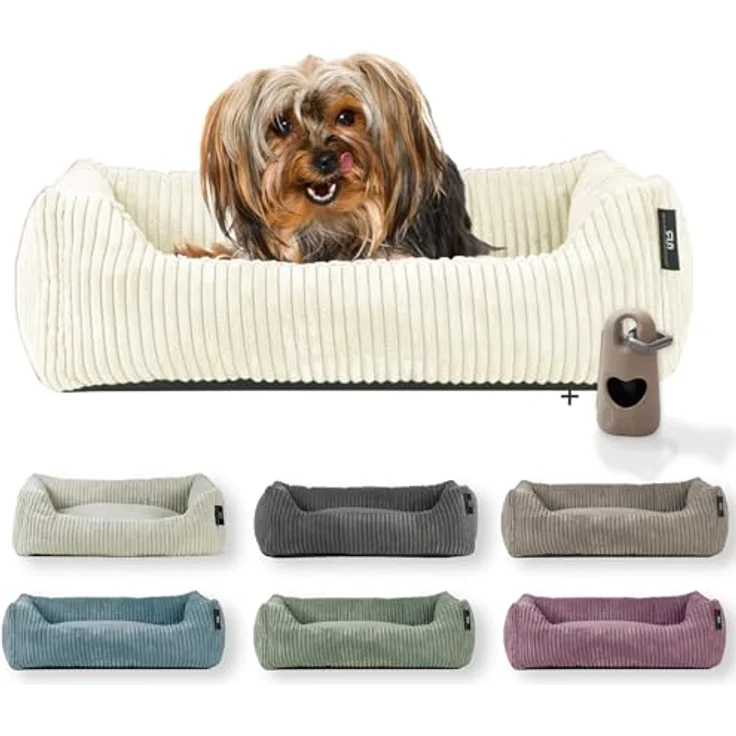 Rohrschneider Hundebett waschbar, für kleine und mittelgroße Hunde, mit Wendekissen aus Cordstoff, 2 Größen (55x42 cm/70x50 cm), inkl. Gassibeutel, vanille – Bild 1
