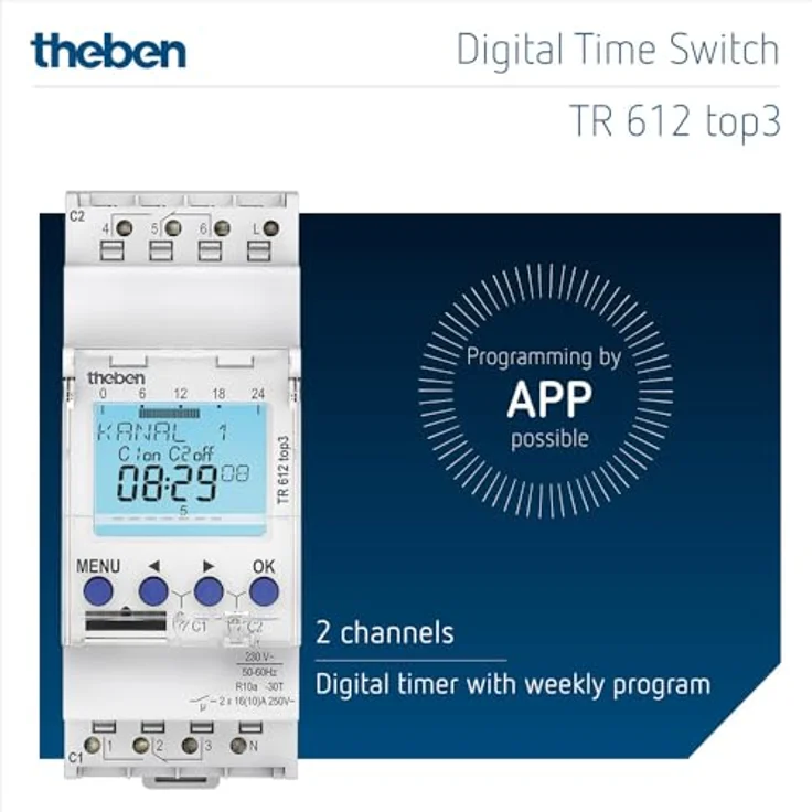 Theben 6120130 TR 612 top3 - Digitale 2-Kanal Zeitschaltuhr mit App-Programmierung, perfekt für LEDs, Zeitschalter – Bild 3
