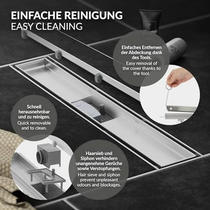 LuxeBath Duschrinne 50cm 2in1, befliesbar, extra flach, Edelstahl schwarz, doppelseitiger Bodenablauf mit Geruchsstop und Haarsieb, Komplettset mit Bodenbefestigung – Bild 5