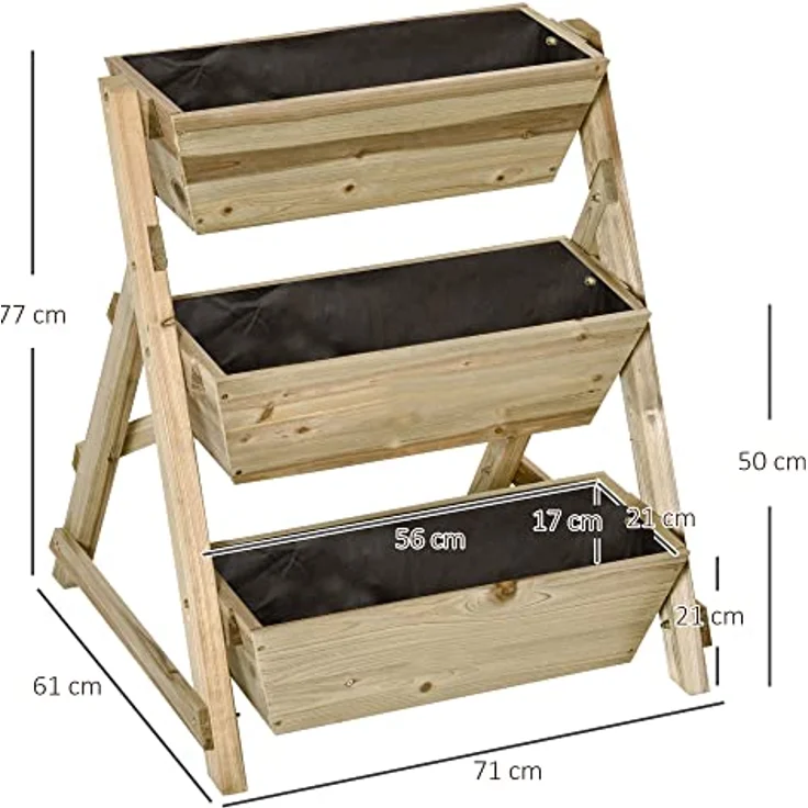 Outsunny Hochbeet Blumentreppe Holz Blumenleiter mit 3 Ablagen Pflanzentreppe Pflanzregal Pflanzenständer Blumenregal Blumenständer Natur 71 x 61 x 77 cm – Bild 3