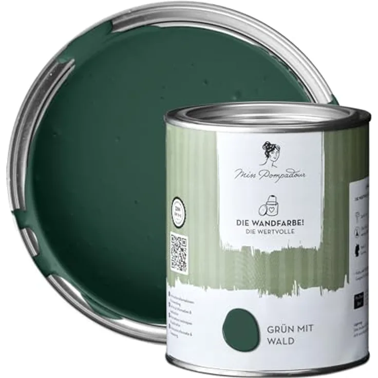 MissPompadour Wandfarbe Grün mit Wald, matte Innenfarbe mit sehr hoher Deckkraft, geruchsneutral und wasserbasiert, 1 L