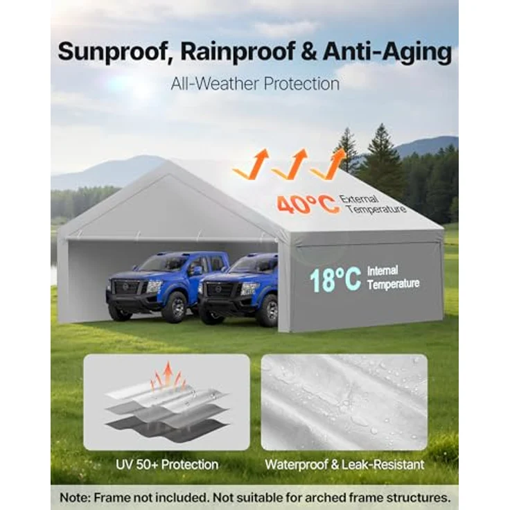 VEVOR Carport-Ersatzdach 6x6 m, tragbare Garagenzeltplane mit UV-beständigem Schutz und Seitenwänden, grau – Bild 3