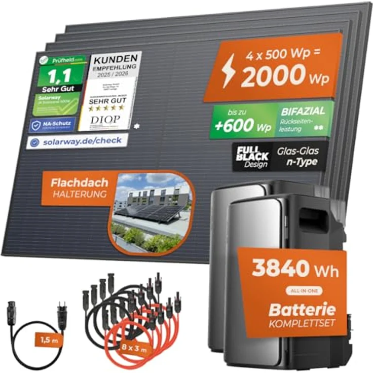 Solarway® 2000Wp Balkonkraftwerk mit 800W Einspeisung, 3,8kWh EcoFlow STREAM Ultra + AC Pro, 4 x 500W Solarmodule, Smart App Kontrolle, Komplettset – Bild 2