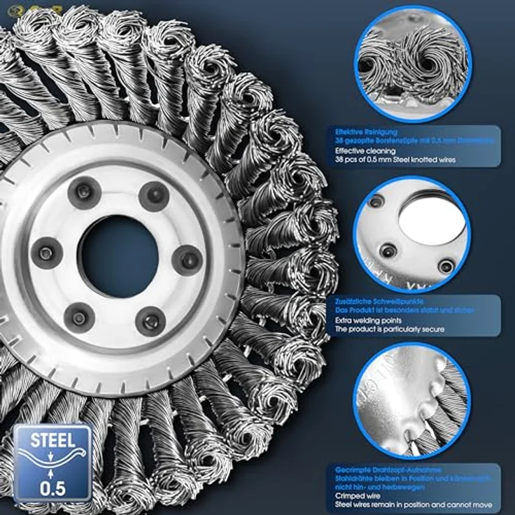 S&R Stahlbürste Unkrautbürste 150 mm, 5-TLG Set mit Stahldraht gezopft für Rasentrimmer und Freischneider zur Entfernung von Unkraut und Moos – Bild 3