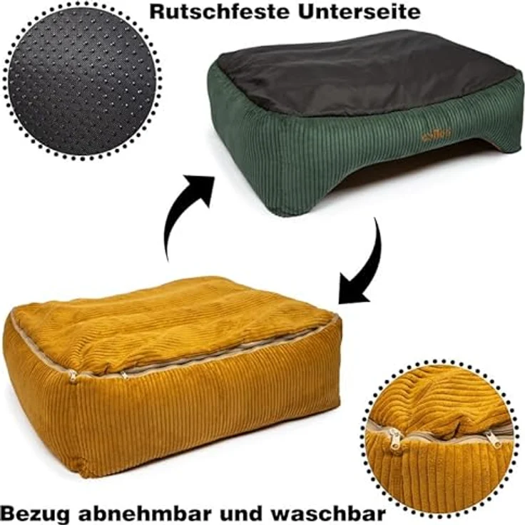 CopcoPet Orthopädisches Hundebett Kyra in Cord Stoff S 70x55cm Goldgelb/Tannengrün - Hundekissen Viskose Abnehmbarer & waschbarer Bezug - Hundekorb mit hohen Rändern & Rutschfester Unterseite – Bild 3