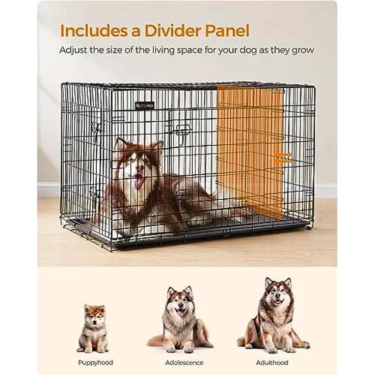 FEANDREA Hundekäfig, Hundebox, zusammenklappbar, transportabel, 2 Türen, 122 x 74,5 x 80,5 cm, schwarz PPD48BK – Bild 3