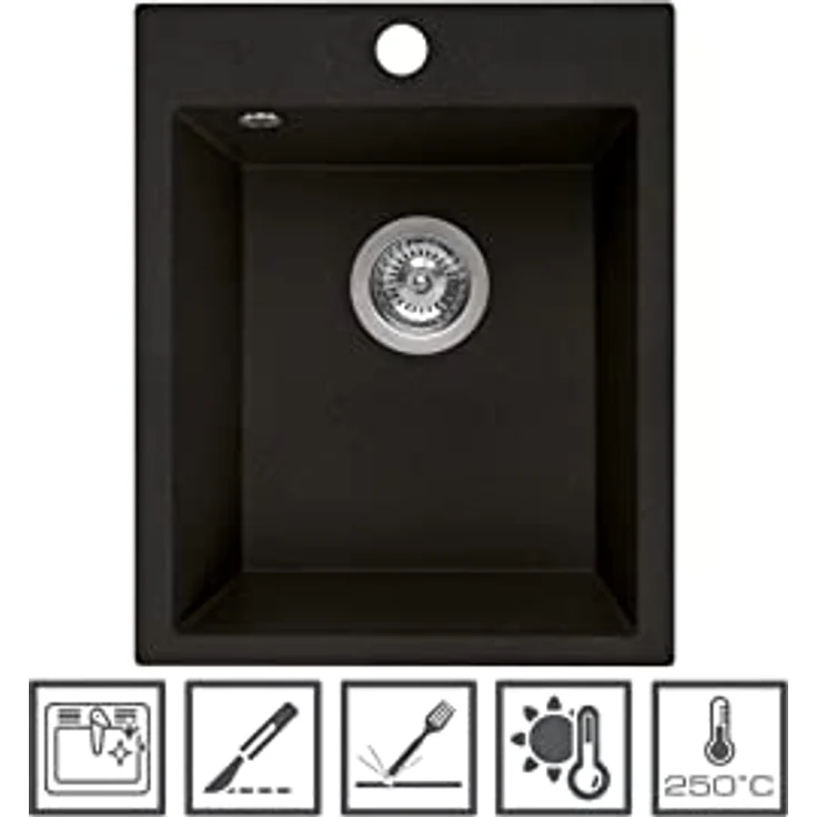 Manestein Spülbecken, Küchenspüle aus Granit, Einbauspüle, Einzelbecken mit Siphon, Fleckenbeständig und Pflegeleicht, 80% Quarzsand, 1 Becken, 48 x 39 cm, Graphit - Schwarz Gesprenkelt – Bild 5