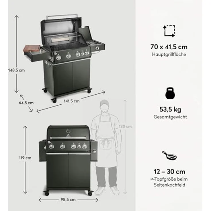 BURNHARD® Big FRED Deluxe, Gasgrill 4-Brenner mit 21,2 kW, Infrarot-Keramikbrenner, Edelstahl-Stabbrenner, Seitenkochfeld, große Grillfläche 70 x 41,5 cm, Piezo-Zündung, Gussrost – Bild 3