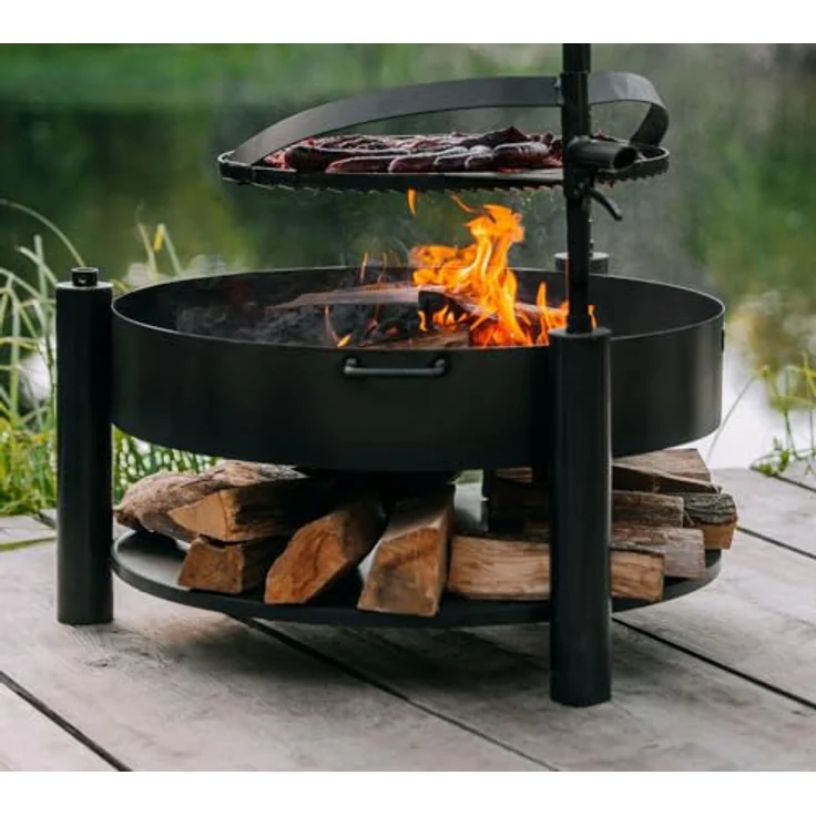 Cook King Feuerschale Montana X 60, handgeschweißt aus Rohstahl Ø 60 cm mit Holzlager, wetterfest, inklusive höhenverstellbarem Grillrost und Befestigungsmast für Garten Terrasse Outdoor – Bild 3