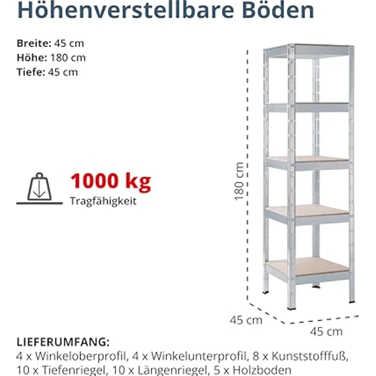 SCHULTE Regalwelt Schwerlastregal mit 5 Holzböden, 180x45x45 cm (HxBxT), Traglast pro Ebene ca. 200 Kg, verzinkt, Lagerregal, Kellerregal, Werkstattregal, Steckregal – Bild 2