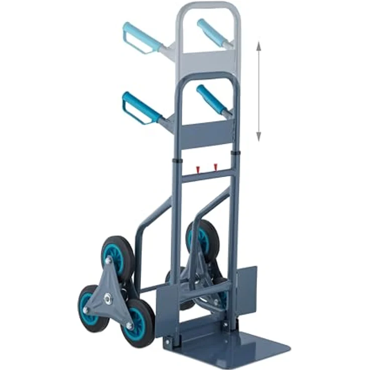 Relaxdays Treppensackkarre 200 kg, Transportkarre für Treppen mit 6-Rad-Konstruktion, höhenverstellbare Griffe, grau und blau – Bild 6