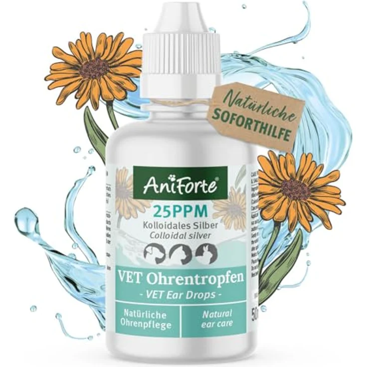AniForte Ohrentropfen mit kolloidalem Silber 25ppm & Ringelblume 50ml | Für Hunde, Katzen & Kleintiere I Bei Ohrentzündungen, Juckreiz I Ohrenpflege, Ohrenhygiene, Gesunde Ohren – Bild 1