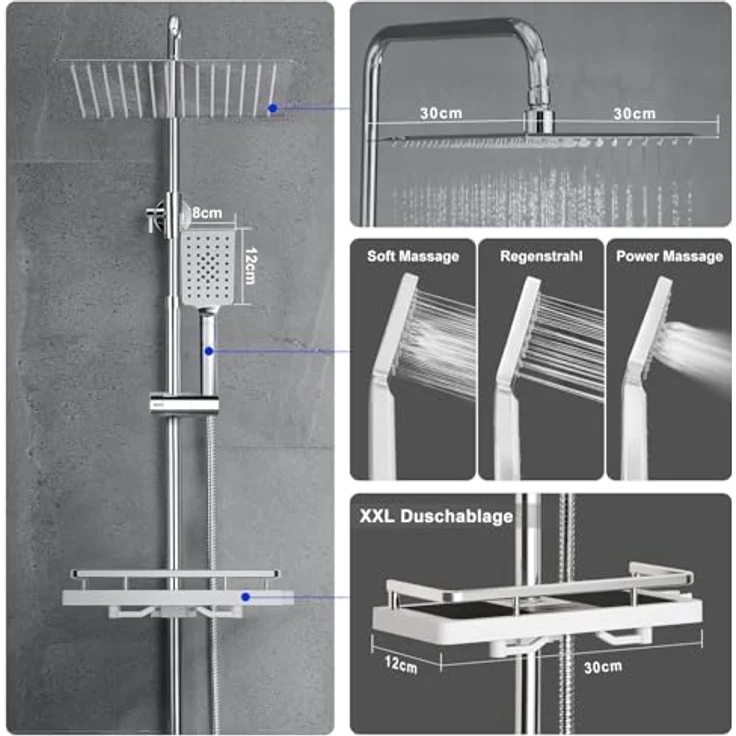JOHO Edelstahl Duschsystem mit XXL-Regendusche 30x30 cm, ohne Armatur, verstellbare Duschstange und 3 Strahlarten, Chrom – Bild 3