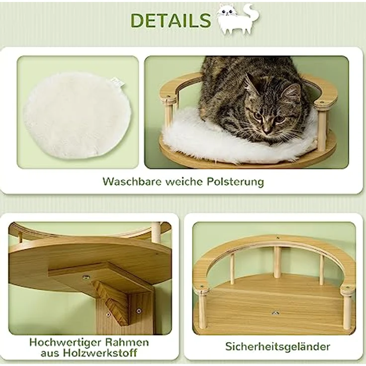 PawHut Katzen Kletterwand, Katzenliege für die Wand, Katzenbett für Wandmontage, Katzen Hängematte, Katzenplattform mit Kissen, Katzenmöbel, Eiche+Cremeweiß, Ø34 x 10,5 cm – Bild 5