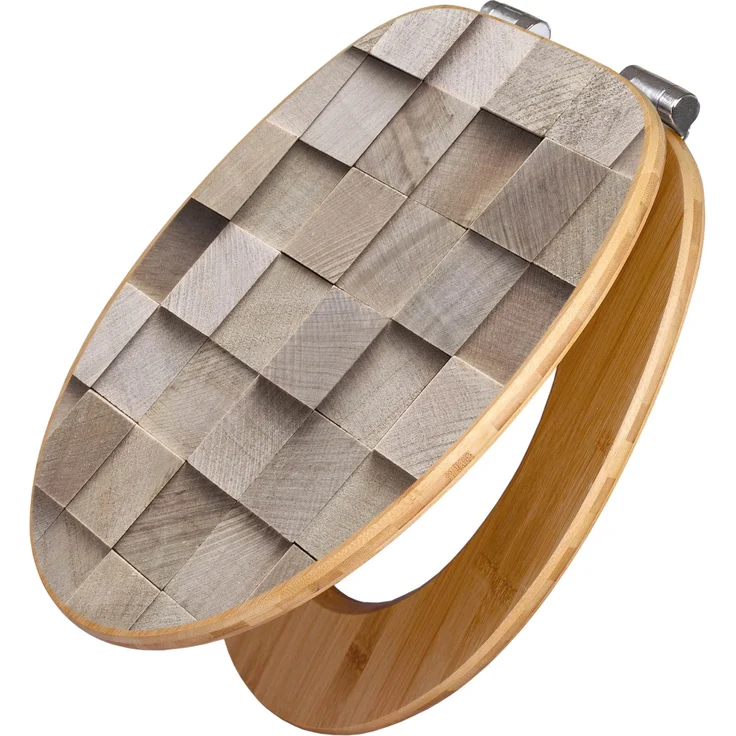 Banjado Bambus Holz WC Sitz mit Absenkautomatik, Toilettendeckel Soft Close und Bauklötze Relief Motiv, 45,8x37,5 cm, universal geeignet