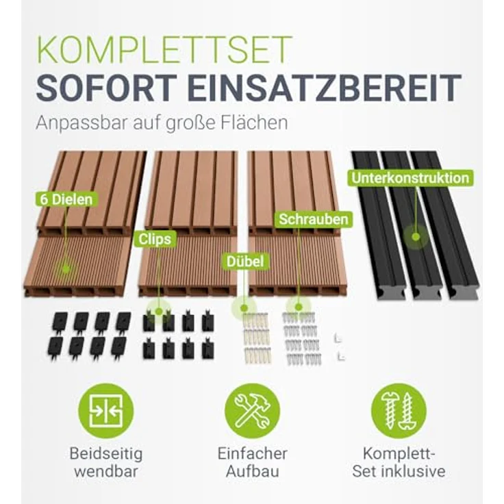 Juskys WPC-Terrassendielen, 20 m² Komplett-Set, witterungsbeständig, raue Oberfläche, Belastbarkeit bis 330 kg/m², Farbe Teak – Bild 3