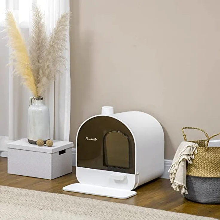 PawHut Katzentoilette Toilette mit Haube für Katzen bis 5 kg Katzenklo mit Deckel inkl. Schaufel ausziehbares Tablett Katzenstreu Matte Kunststoff Weiß 43 x 44 x 47 cm – Bild 2