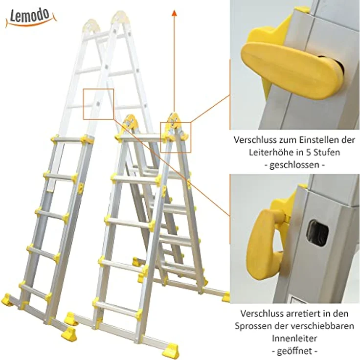 Alu Teleskopleiter ausziehbar | 20 Sprossen Leiter klappbar 4-teilig | 461 cm Länge | Gelenkleiter Klappleiter Stehleiter Aluleiter Anlegeleiter Bockleiter | bis 150 kg – Bild 4