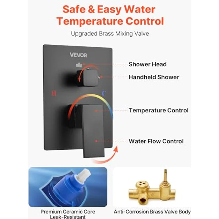 VEVOR Duscharmatur Regenduschsystem, 305 mm quadratischer Regenduschkopf & Handbrause, mattschwarz, wandmontierte Badezimmerarmaturen mit Messingventil & Zierset, hohe Wasserverteilung und verbesserte Temperaturregelung – Bild 5
