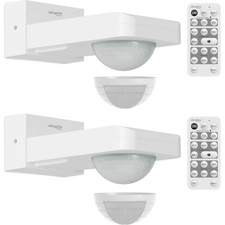 Oktaplex motion 360 Grad Bewegungsmelder, Außenbewegungsmelder mit Dämmerungssensor, 9 m Reichweite, IP65, mit Fernbedienung, schwenkbar, weiß (2er Set) – Bild 1