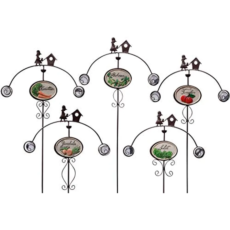 dobar 12830e 5-teiliges Gartenstecker-Set, Metall-Dekostäbe für den Gemüsegarten, Tomate, Salat, Karotte, Bohnen, Zwiebeln, 110 x 40 cm, Braun