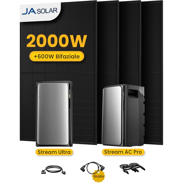 Powerness® Balkonkraftwerk EcoFlow Stream Ultra, 3840Wh Speicher, 2000W JA Solar Full Black Bifazial Solarmodule, 4 MPPT, IP65 Schutz, skalierbare Kapazität
