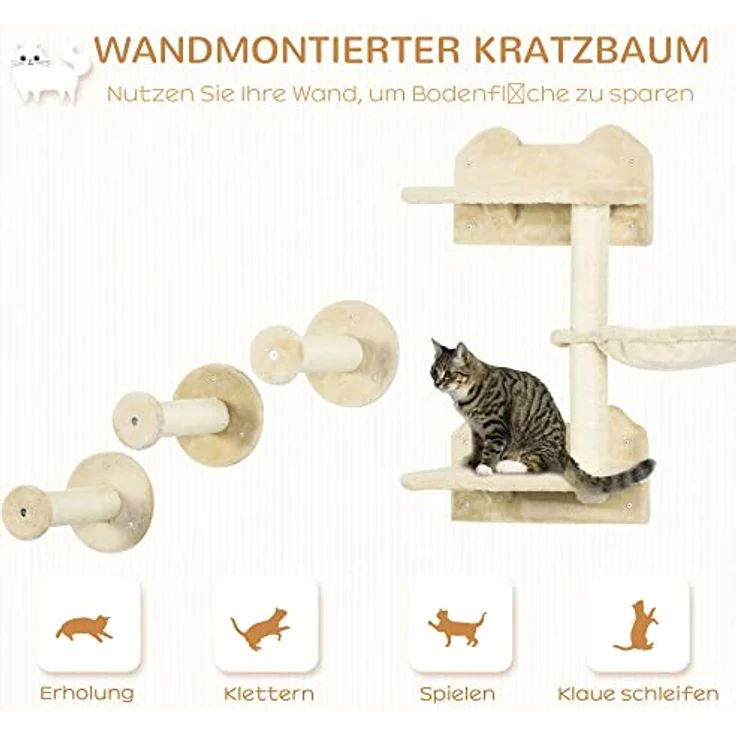 PawHut Katzen Kletterwand, 4-teilig, Katzenkletterwand, inkl. 1 x Sprungturm, 3 x Kratzbäume, Kletterwand Set, Kratzbaum mit Hängematte, Wandliege Katzen, Katzentreppe, Sisal, Beige+Cremeweiß – Bild 4