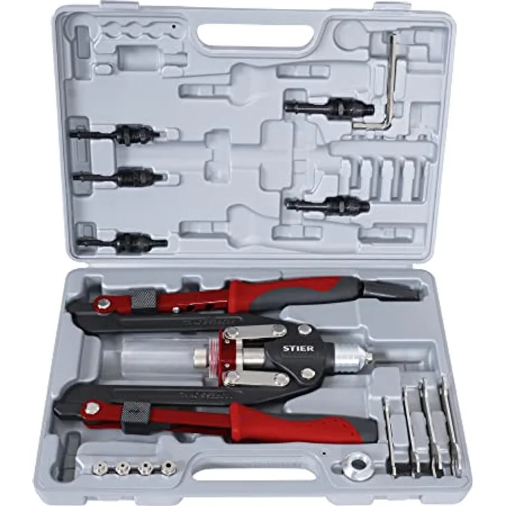 STIER Universal-Nietzangen-Satz, 11-teilig, für Blindnieten und Blindnietmuttern, inklusive Maulschlüsselsatz, aus hochwertigem Stahl