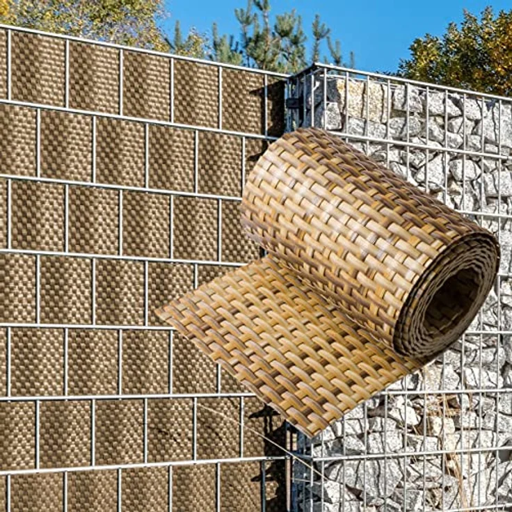 NYVI Polyrattan Sichtschutzstreifen Privafence, braun und beige, 255 x 19 cm, 10 Rollen (25,5 Meter), Premium Sichtschutz für Doppelstabmatten Zaun, witterungsbeständig und einfach zu installieren – Bild 1