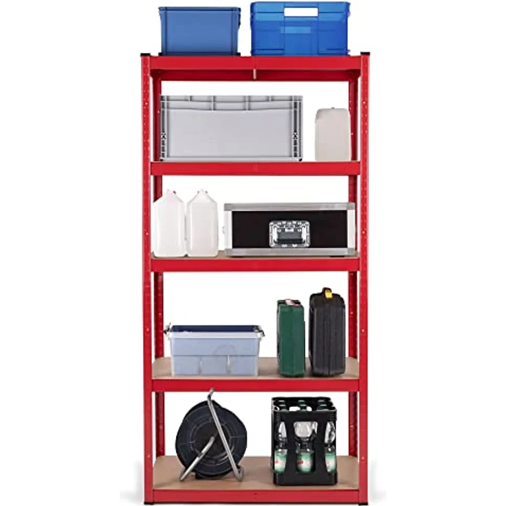 Stagecaptain 4X Set Heavyrack Lagerregal - 5 variabel montierbare Böden - Pulverbeschichtetes Metall - auch als Werkbank umbaubar - Tragkraft pro Boden: 175 kg - Tragkraft gesamt 875 kg - Rot – Bild 3