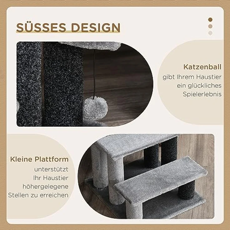 Pawhut Haustiertreppe mit Kratzbaum Ball 3-stufige Katzentreppe Hundetreppe Tiertreppe Spanplatte Plüsch Jute Grau 45 x 40 x 48 cm – Bild 5