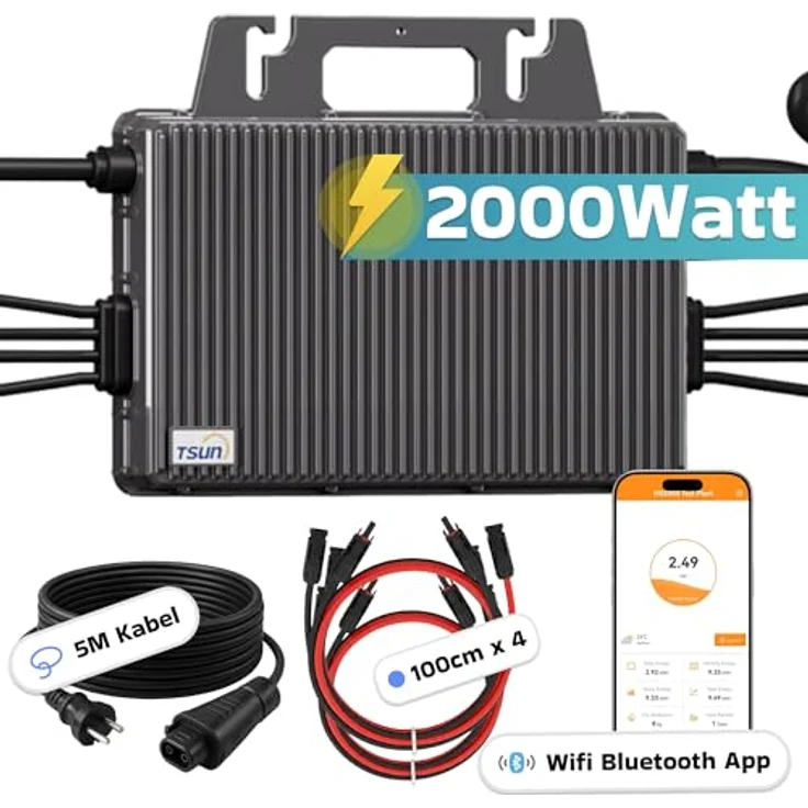 SUNNIVA TSUN Mikro-Wechselrichter 2000W TSOL-MS2000, IP67 wetterfest, 4 MPPT, Bluetooth & WiFi, inkl. 5m Anschlusskabel und 4x 1m Solar-Verlängerungen – Bild 2