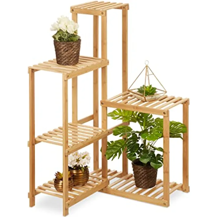 Relaxdays Pflanzenregal Bambus, 6 Ablagen, Pflanzen Eckregal für innen, HBT: 101x62x62 cm, Blumenregal Wohnzimmer, Natur