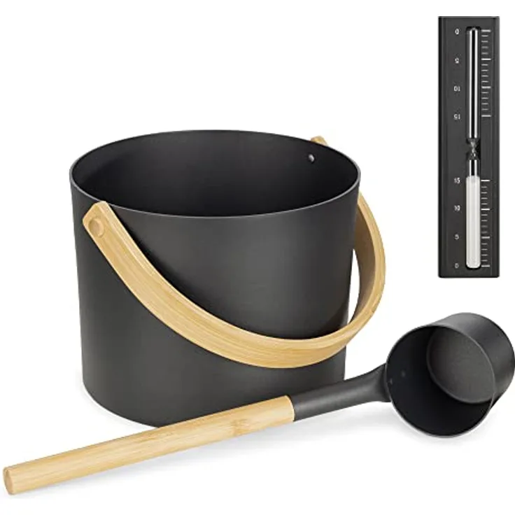 Navaris Aluminium Saunakübel Set 3tlg., inkl. Kelle und Sanduhr, leichter 5L Aufgusseimer mit Bambusgriff, schwarz natur