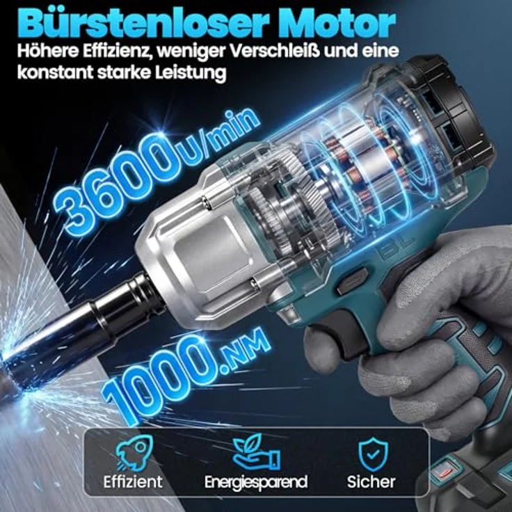 Bundviel Akku Schlagschrauber, 1000 Nm, bürstenlos, 3600 U/min, 2x 4.0Ah Akku & Schnellladegerät, 5 Schlagbuchsen für Autoreifen und Automobilmontage – Bild 3