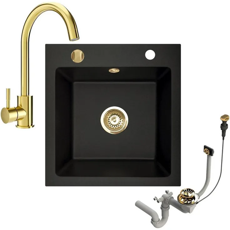 Faizee Möbel Granitspüle 48x50 +Armatur Gold Küchenspüle Spülbecken, Schwarz, langlebig & hitzebeständig bis zu 280°C