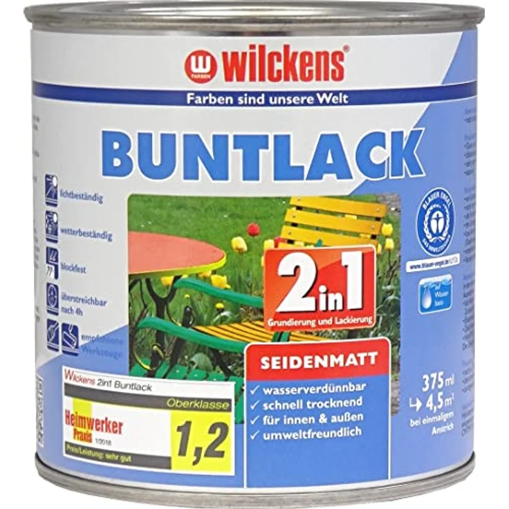 Wilckens Farben Acryl-Buntlack 2in1 Seidenmatt, wetterbeständiger Decklack für Holz und Metall, 375ml oder 125ml – Bild 1