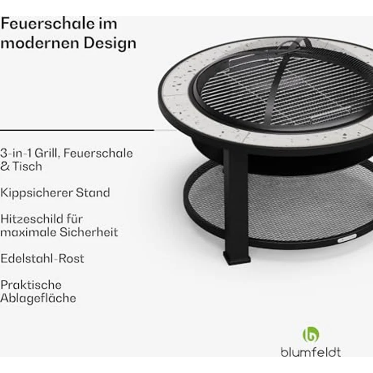 Blumfeldt Merano Circolo Feuerschale Ø 87 cm, 3-in-1 Feuerschale mit Grillrost und Funkenschutz, Feuertisch mit Terrazzo-Tischplatte, Robustes Stahlgestell, Ablagefläche - Grau – Bild 2