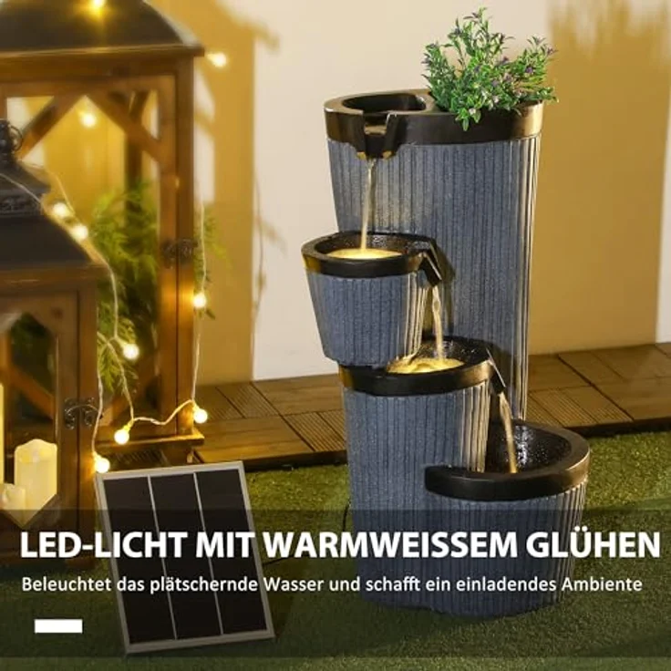 Outsunny Gartenbrunnen, Solar Springbrunnen mit LED-Beleuchtung, 4 stufiger Zierbrunnen mit Blumenkasten, Kunstharz, 33 x 30 x 57,5 cm – Bild 3
